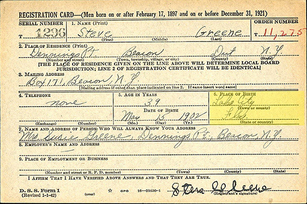 Steave's WWII Draft Registration Card