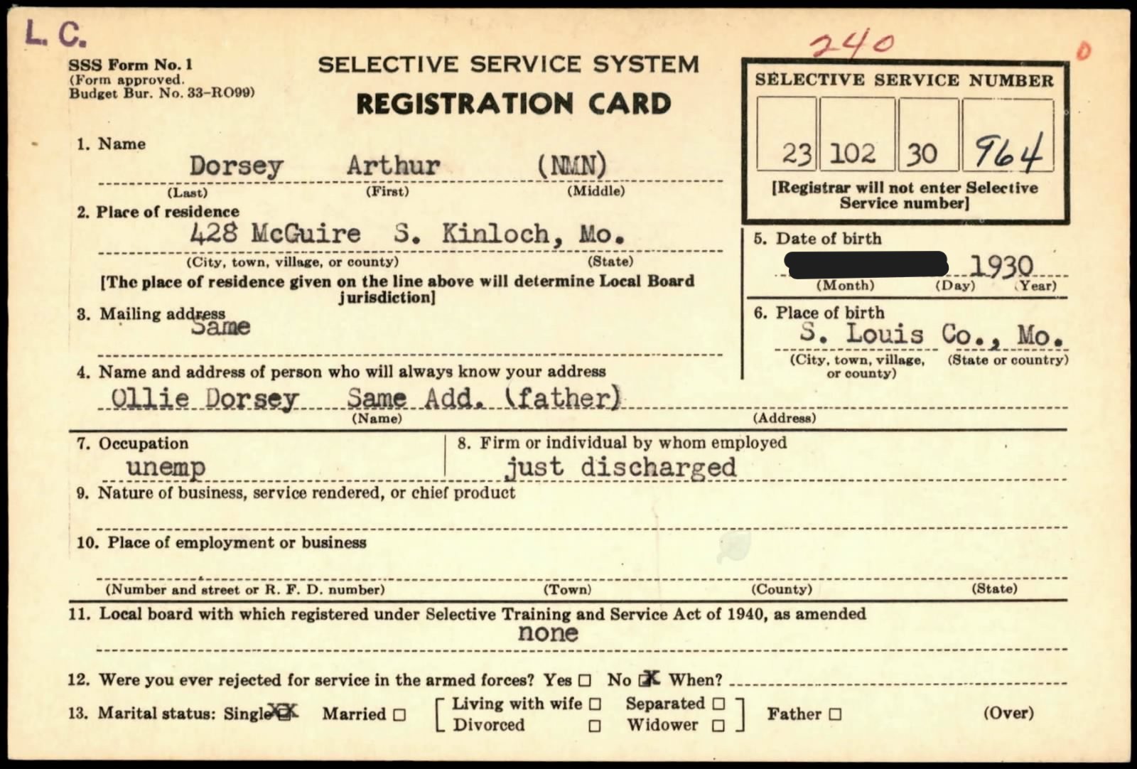 Arthur's Selective Service Record