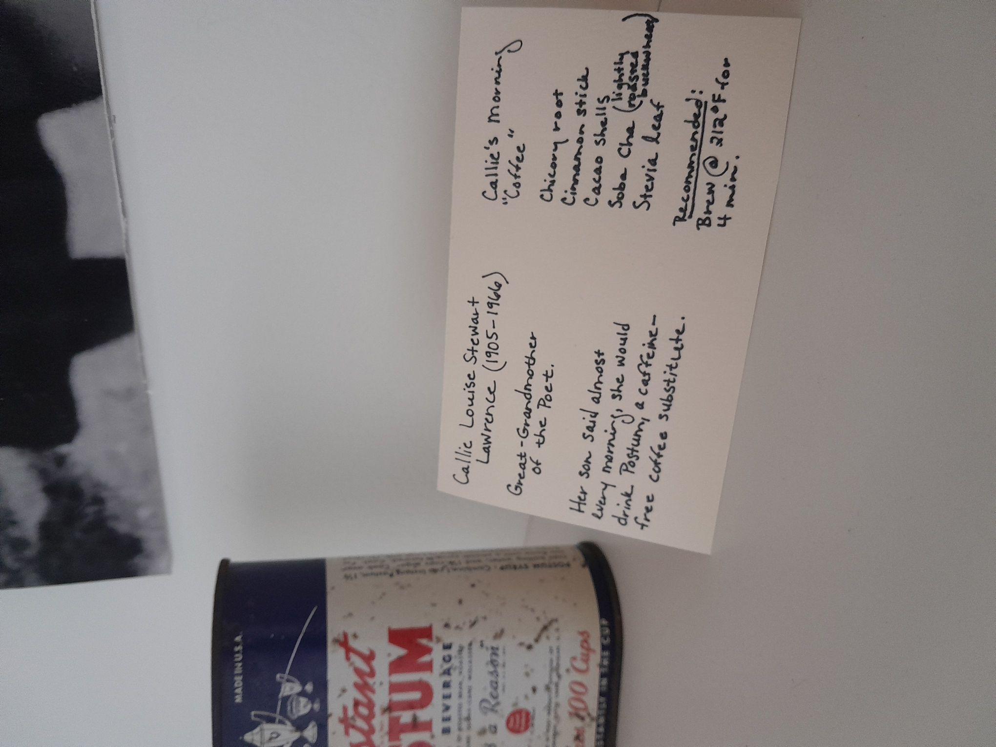 A close-up image of the notecard contains information about the woman, Callie Louise Stewart Lawrence, and the tea bags.