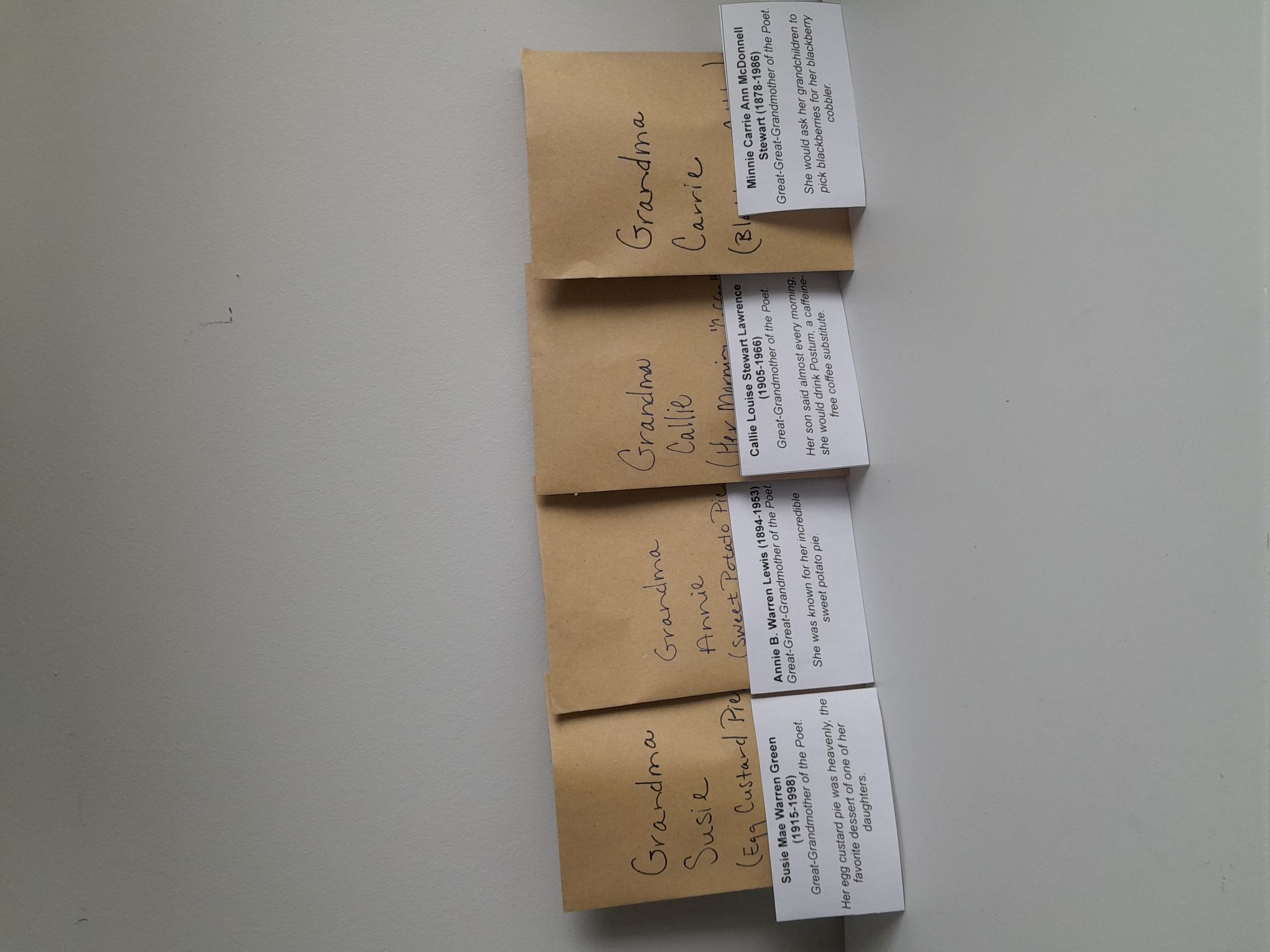 Four tea packets labelled with the following text: 'Grandma Susie (Egg Custard Pie),' 'Grandma Annie (Sweet Potato Pie),' 'Grandma Callie (Her Morning 'Coffee'),' and Grandma Carrie (Blackberry Cobbler).' The packets stand in front of small white notecards.